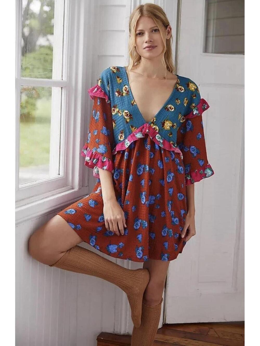 NWT Anthropologie Ruffle Mini Sleep Dress Mixed Print Floral Cottage Boho XS